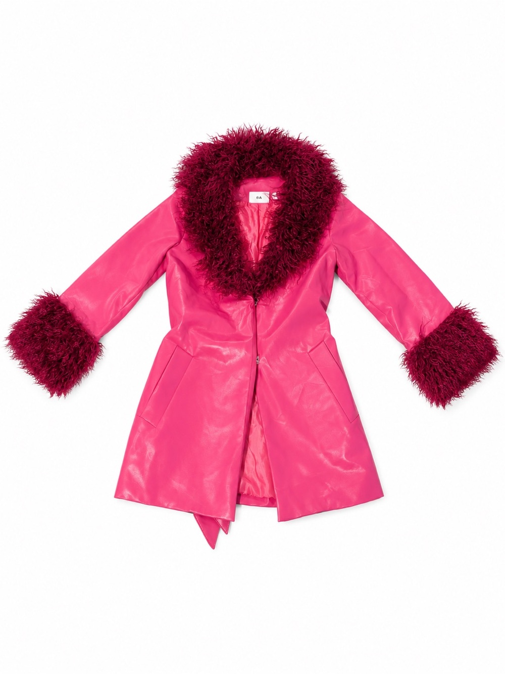 Women's Pink Faux Leather Coat with Marabou Trim
